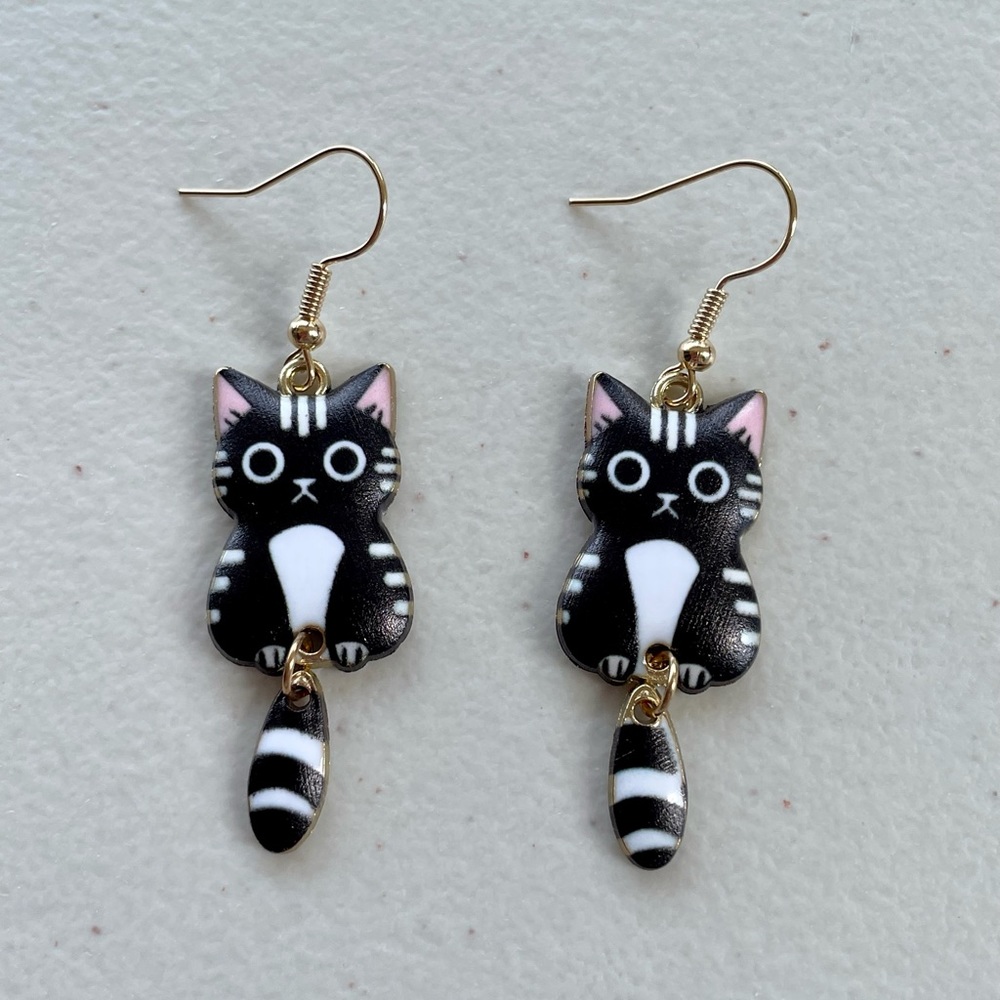 Black Cat Dangling Tail Hook Earrings